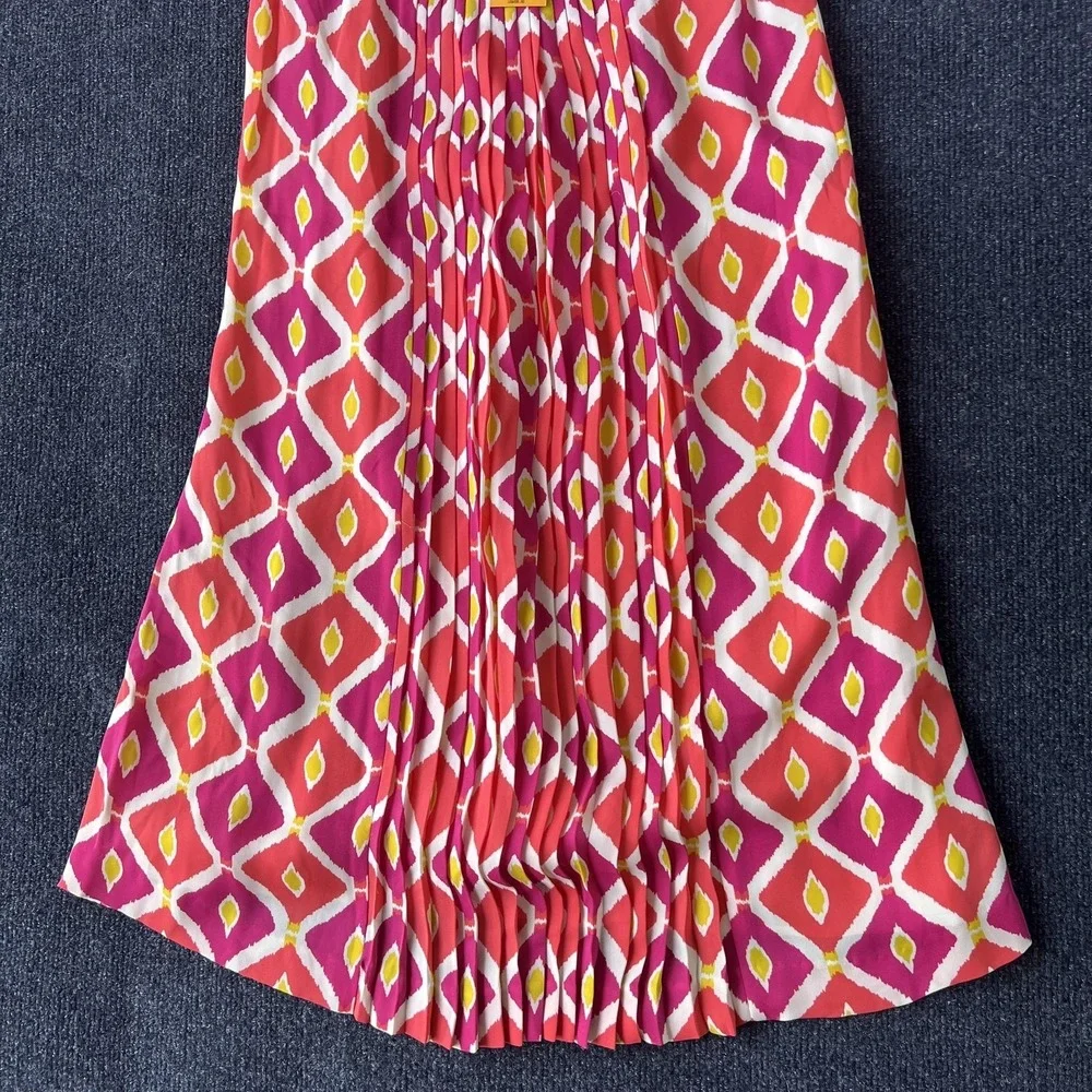 Tory Burch Dress Womens 10 Pink‎ Diamond 981 Fiora Sleeveless Pleated Ikat Lined
